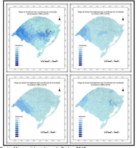 Figura 7 – Mapas das áreas com tendência de ocorrência de inundação, por estação  do ano, para o período de 1985 a 2016 