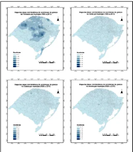 Figura 8 – Mapas das áreas com tendência de ocorrência de granizo, por estação do  ano, para o período de 1985 a 2016 