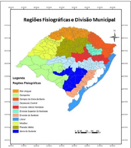 Figura 1 - Mapa das Regiões Fisiográficas do Rio Grande do Sul com a divisão  municipal;  