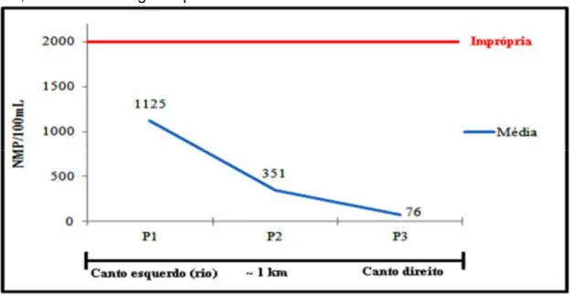 Figura 3. Média dos resultados para todos os dias de amostragem em   P1, P2 e P3 ao longo da praia