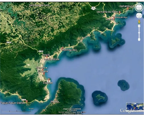 Figura 1 – Localização espacial das nove praias foco do trabalho de caracterização  de pellets no litoral norte do Estado de São Paulo