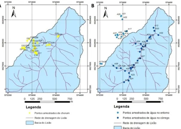 Figura 1: a) Pontos amostrados de chorume e b) água na área de influência do lixão  desativado de Lages (2013)