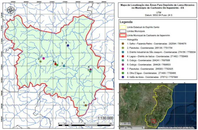 Figura  1.  Mapa  das  áreas  aptas  para  depósitos  de  lama  granítica  neste  estudo  em  relação ao mapa do Brasil