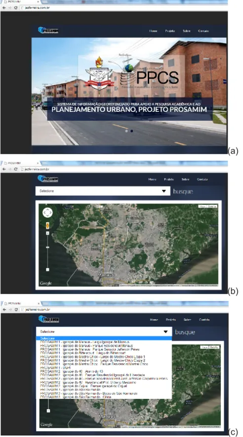 Figura 4. (a) Visão geral do sistema (www.jezferreira.com.br); (b) Mapa da cidade de Manaus; (c) Visualização das informações vinculadas ao PROSAMIM.