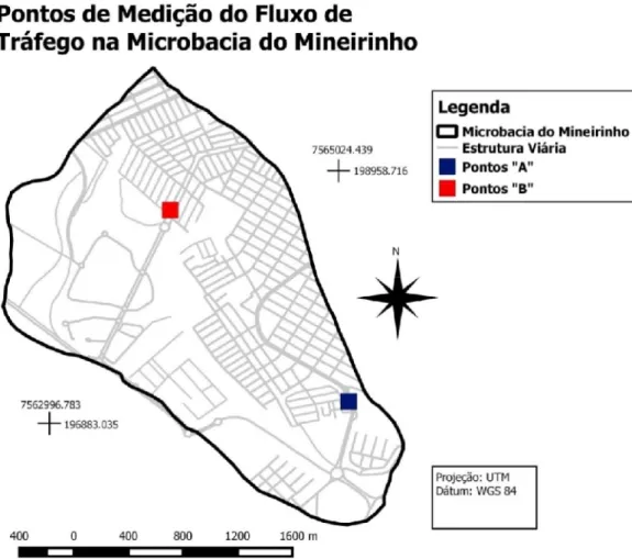 Figura 4: Pontos de medição de fluxo do tráfego na Microbacia do Córrego do Mineirinho