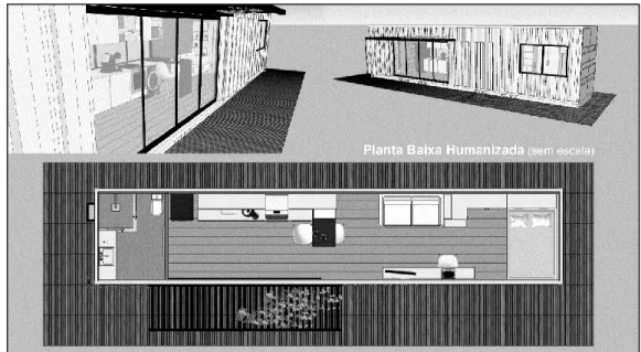 Figura  01:  Projeto  de  moradia  adaptada  a  um  container:  imagens  editadas  a  partir  do  exercício  desenvolvido na disciplina de Arquitetura de Interiores