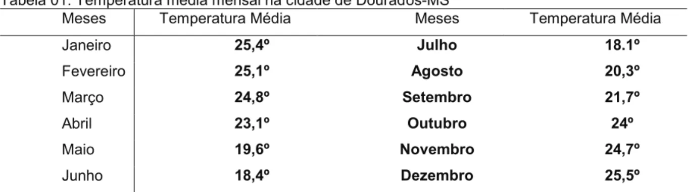 Tabela 01: Temperatura média mensal na cidade de Dourados-MS  