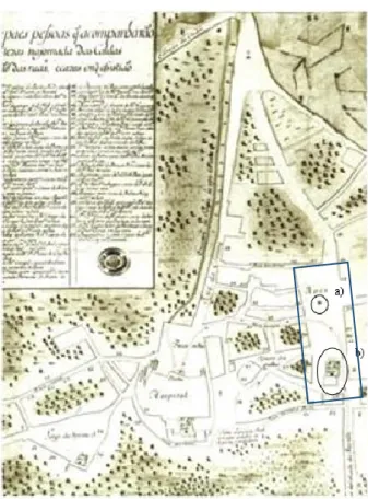 Ilustração  1  -  Mapa  de  1742,  atribuído  ao  arquiteto  João  Pedro  Ludovice.  A)  Localização  do  pelourinho  já  desaparecido