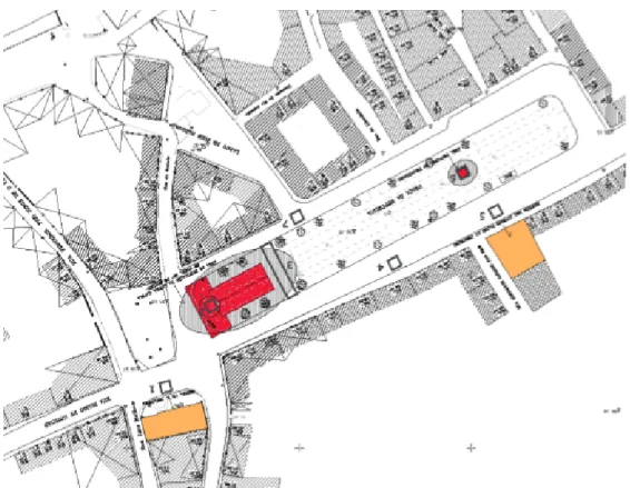 Ilustração  3  –  Mapa  municipal  com  as  áreas  a  vermelho  consideradas  com  maior  impacto  arqueológico, nomeadamente: a área mais a sul apresenta a possível localização que foi apontada  para a antiga capela e, a zona a vermelho, mais a norte, a z