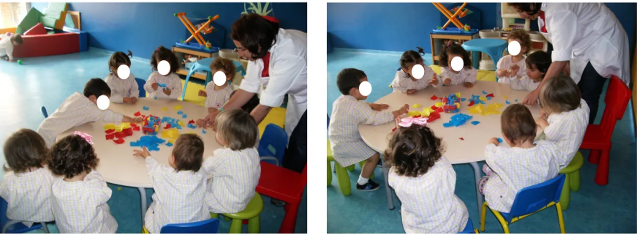 Figura 9 e 10 – Crianças explorando os papéis coloridos 