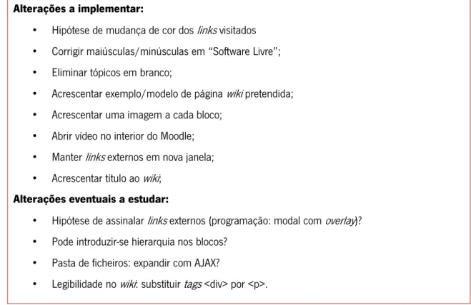 Tabela 7 - Alterações a implementar e a estudar 