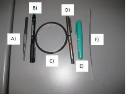 Figura 31 - A) Pinça; B) Marcador; C) Fita-cola (Kapton); D) Ponta de Diamante; E) Tesoura; F)  Espátula 