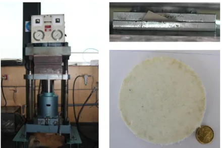 Figura 3:5 - À esquerda: Prensa Moore; À direita: Processo de moldação por compressão e espuma resultante