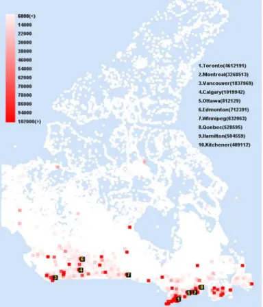 Figura 8: Mapa da densidade populacional do Canadá 