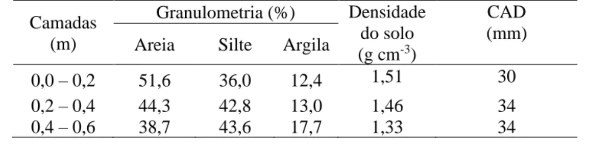 Tabela 1. Resultado da caracterização físico-hídrica do solo da área experimental realizada em 2019
