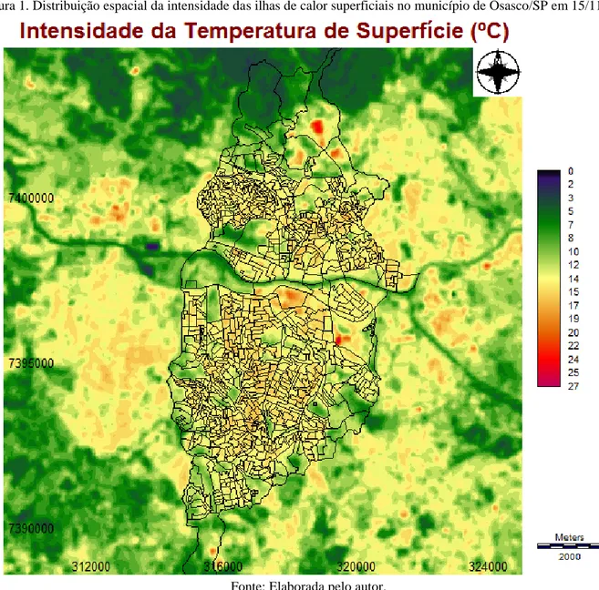 Figura 1. Distribuição espacial da intensidade das ilhas de calor superficiais no município de Osasco/SP em 15/11/2017