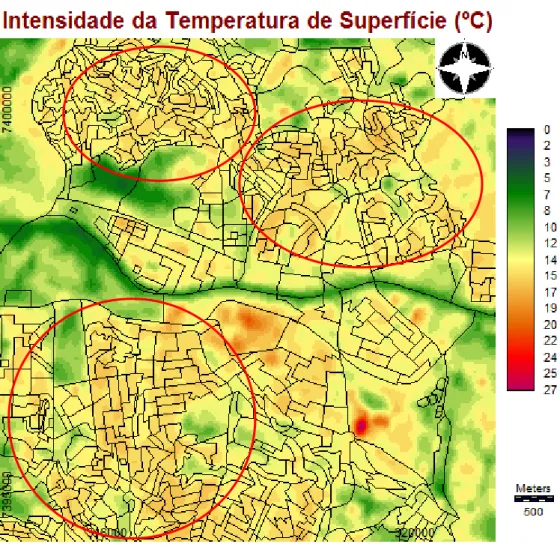 Figura 4. Localização das ilhas de calor das regiões noroeste, nordeste e sudoeste de Osasco