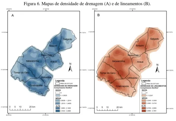 Figura 6. Mapas de densidade de drenagem (A) e de lineamentos (B). 