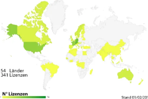 Figura 4.1: Mapa de licenças emitidas para o SIARD Suite (54 países, 341 licenças)