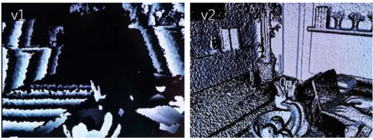 Figure 3 – Kinect versions depth comparison. The left image corresponds to the first version of the  Kinect sensor, released in 2008, while in the right it is the same scene with the new Kinect One sensor