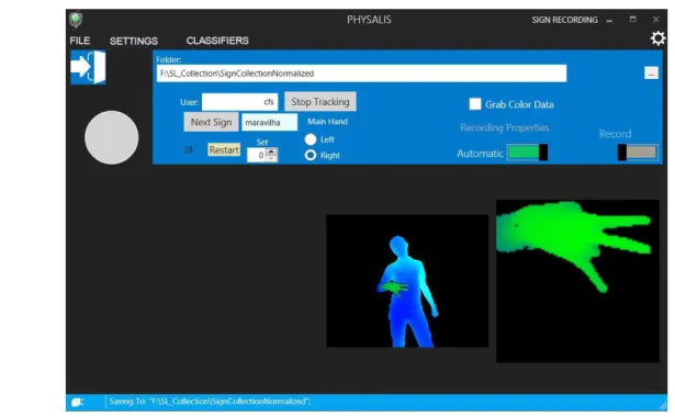 Figure 9 – PhySaLiS sign recording screen. In this screen the user can create a new folder for a new signer,  which will act as a repository of the recordings of new instances of signs