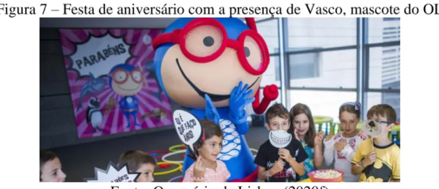 Figura 7 – Festa de aniversário com a presença de Vasco, mascote do OL 