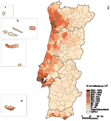 Figura 1: Densidade populacional em Portugal (2011). 