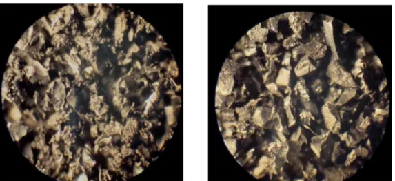 Figura 2.8 Observação ao microscópio do granulado de borracha, à esquerda por  trituração mecânica e à direita por tecnologia criogénica (Dias, 2011) 