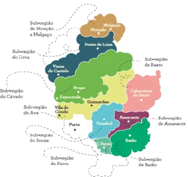 Figura 1 – Nove sub-regiões da Região Demarcada dos Vinhos Verdes (CVRVV, 2014). 