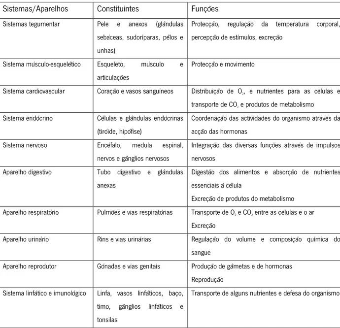 Tabela 9: Aparelhos e Sistemas do corpo humano. (Pereira, 2009)  Sistemas/Aparelhos  Constituintes  Funções 