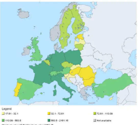 Figura 1 - Distribuição geográfica na Europa da produção de queijo em 2012. 