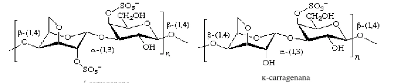 Figura 5- Estrutura química das carragenanas dos tipos ί (à esquerda) e κ(à direita) (16)