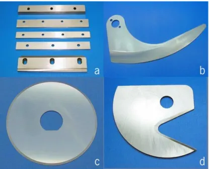 Figura 2.3- a) Lâminas de gume reto; b) Lâmina curva; c) Lâmina circular; d) Lâmina para aplicação particular