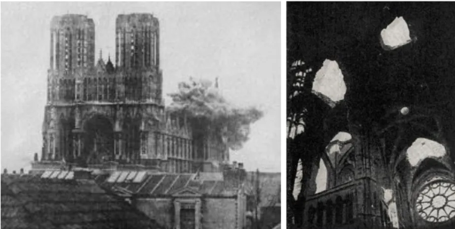 Figure 2-28. Reims Cathedral, Reims, France. (Left) Picture at the time of struck from German shellfire  in September 1914