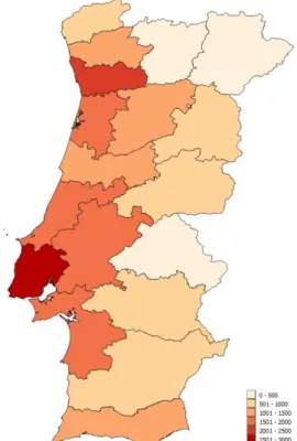 Figura 16.  Choropleth Map  das vítimas mortais em acidentes rodoviários em Portugal entre 1996 e 2013 
