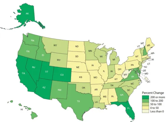 Figura 18.  Change map  representativo da variação da população estados dos Estados Unidos da América, entre 1950-2000  (United States Census Bureau, 2012) 
