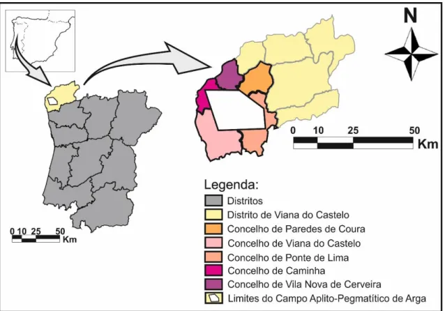 Figura 5 – Enquadramento geográfico da área em estudo, representativa do campo Aplito-Pegmatítico da Serra de Arga