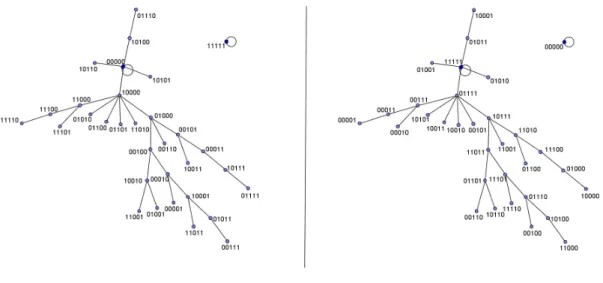 Figura 2.19: Diagramas de Wuensche dos aut´ omatos conjugados 130 r , ` a esquerda, e 190 r ,