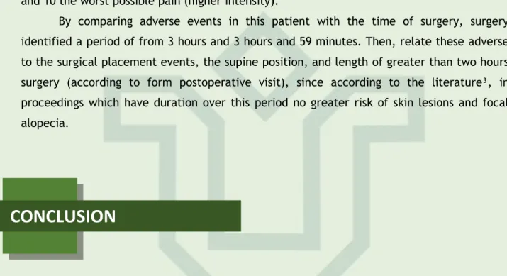 Table 1 (Form postoperative visit) shows a list of adverse events related to nursing  care,  which  possibly  led  to  its  occurrence  (associated  with  /  to),  the  region  in  which  the  event occurred, the characteristic of the adverse event and the