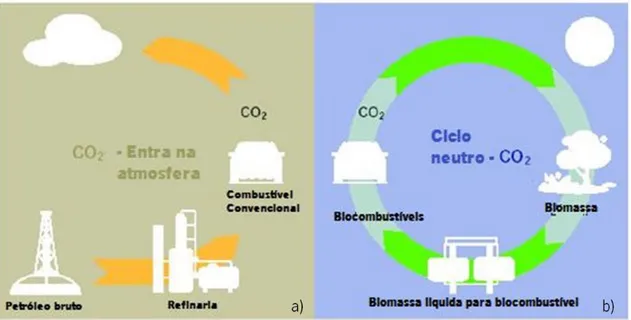 Figura 3 - Ciclo de carbono a) dos combustíveis fósseis e b) biocombustíveis a partir da biomassa [8]