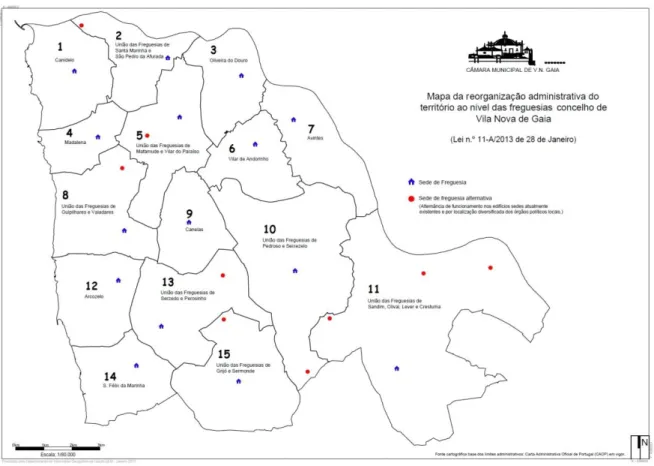Figura 3 – Mapa da reorganização administrativa do território, ao nível das freguesias do concelho de Vila Nova de Gaia 