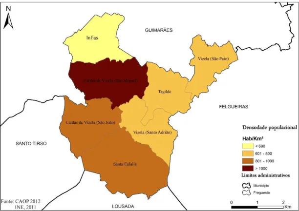 Fig. 10 Distribuição da densidade populacional das freguesias do Concelho de Vizela (2011) 
