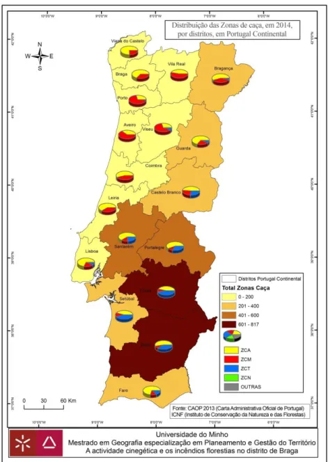 Figura n.º 5 - Distribuição das Zonas de Caça, por distritos, em Portugal Continental (2014) 