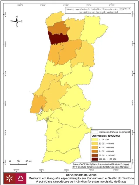 Figura n.º 12 - Ocorrências de incêndios florestais, entre 1990 e 2012, nos distritos de Portugal  continental 