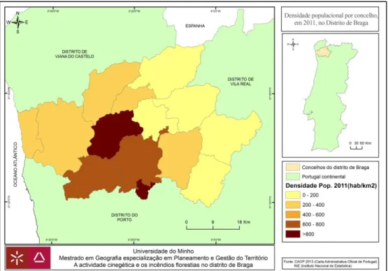 Figura n.º 24 - Densidade populacional nos concelhos do distrito de Braga em 2011