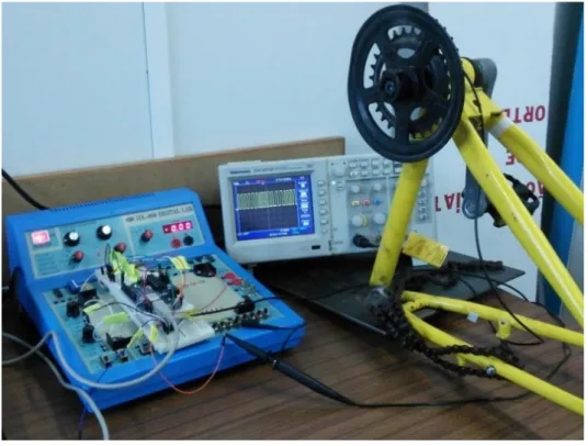 Figura 4.3. Bancada de teste com digital lab, osciloscópio e módulo parcial da bicicleta