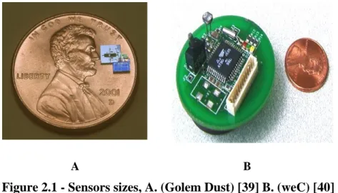Figure 2.1 - Sensors sizes, A. (Golem Dust) [39] B. (weC) [40] 