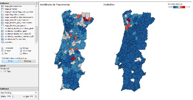 Figura 4.2: Dashboard para a caracterização geo-espacial das pneumonias e dos incêndios em  Portugal Continental
