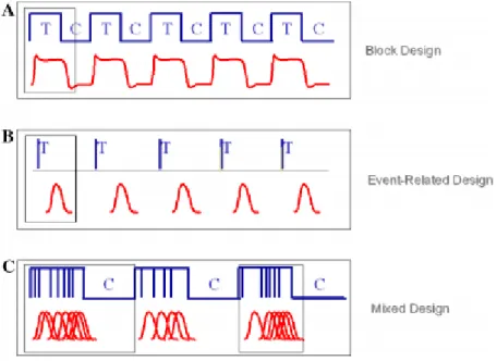 Figure 4 – (A) Block design: stimulus of the same condition are presented subsequently; (B)  event-related design: each stimulus’ hemodynamic response is detected, and can be analyzed in  detail; (C) mixed design: combination of block and event-related