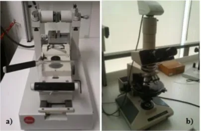 Figura 22 - a) Micrótomo Leitz 1401 com faca de vidro; b) Microscópio ótico Ótico Olympus B 